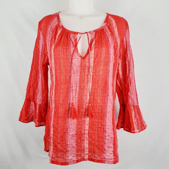 Tommy Bahama Striped Crinkle Top Medium NWT Paramour Red w Gold 3/4 Sleeve - Picture 1 of 6